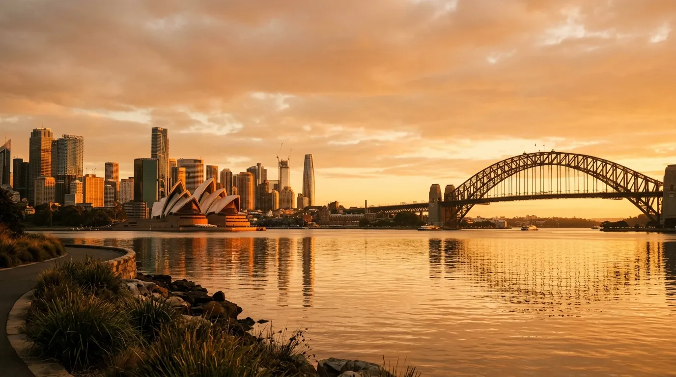 Sydney Harbour skyline at golden hour from near Barangaroo
