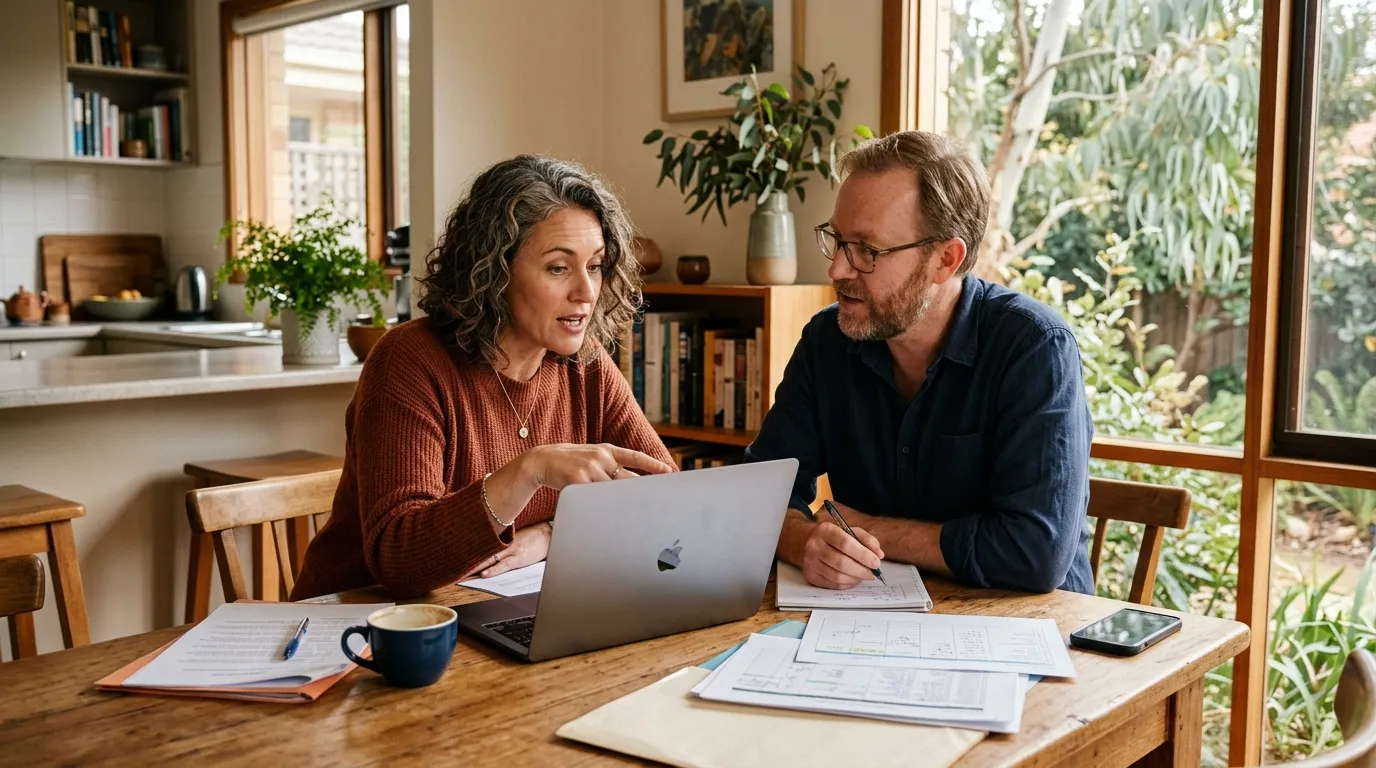 A couple reviewing property plans together at a sunlit table