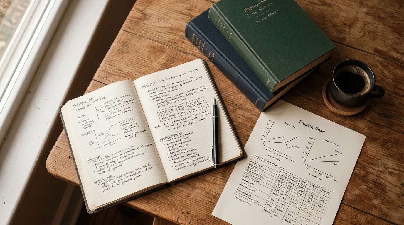 Flat-lay of an open notebook, books and a coffee cup on a wooden table