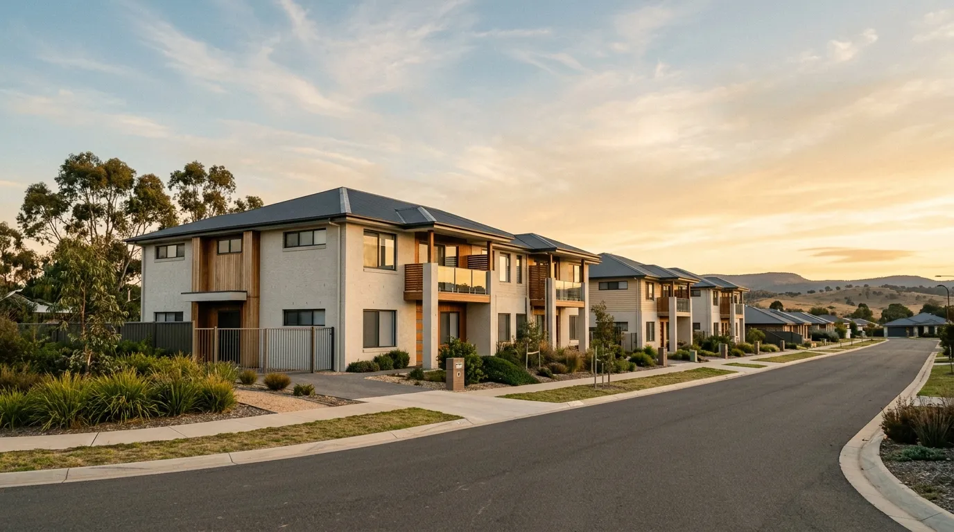 Modern Australian regional residential complex at golden hour